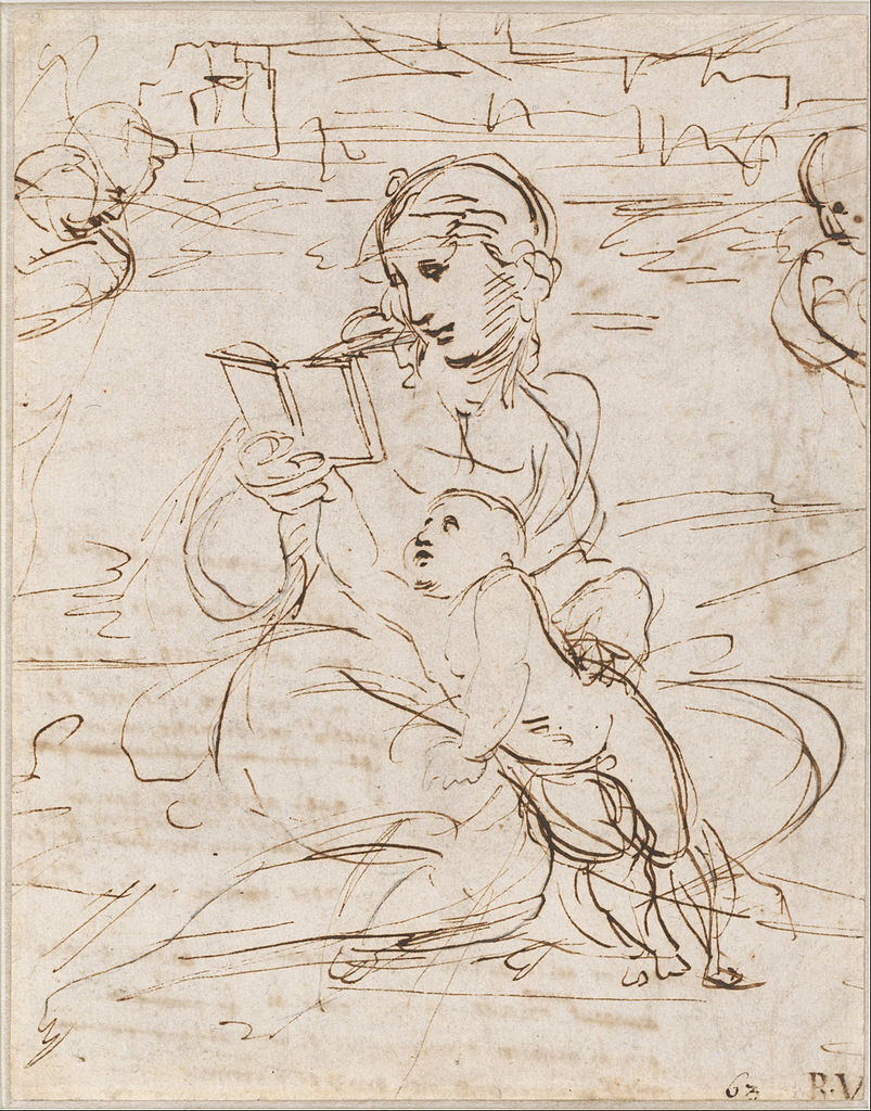 Raphael - Reading Madonna and Child in a Landscape between two Cherub Heads (recto), 1509 - Google Art Project