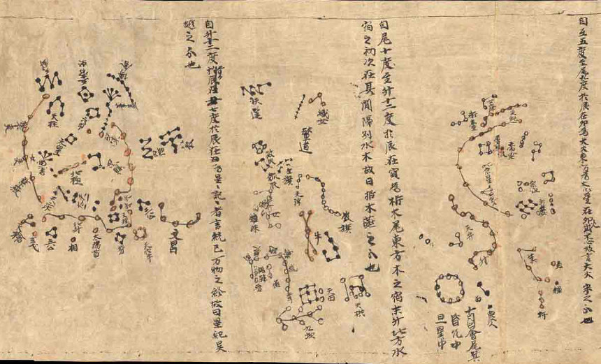 Mapa celeste excavado en Dunhuang, con Beidou, principal motor del calendario chino, a la izquierda abajo, Dinastía Tang, China