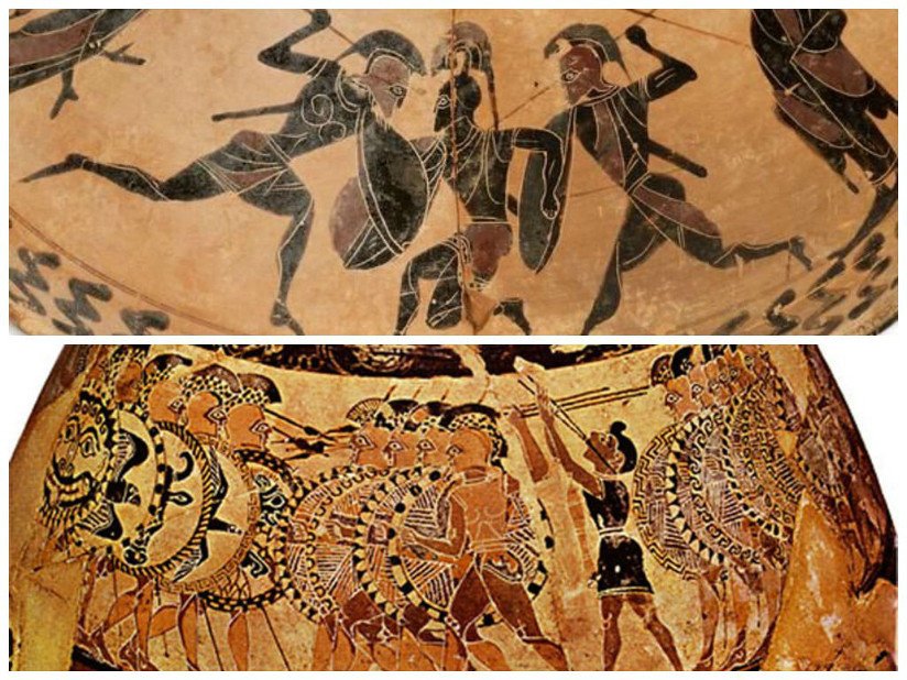 Anfora griega con soldados espartanos combatiendo a atenienses