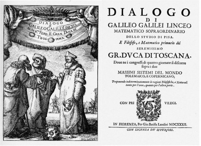 Galileo Galilei, frontispicio del Diálogo acerca de los dos sistemas del cosmos